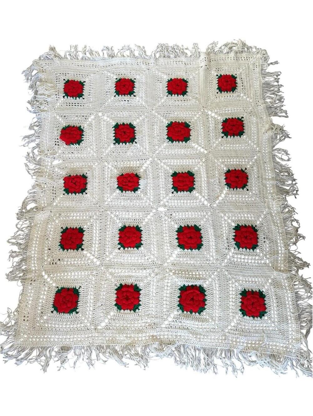 Crocheted Lap Throw Afghan Blanket 3D Roses Repair Needed In 2 Spots Granny Core